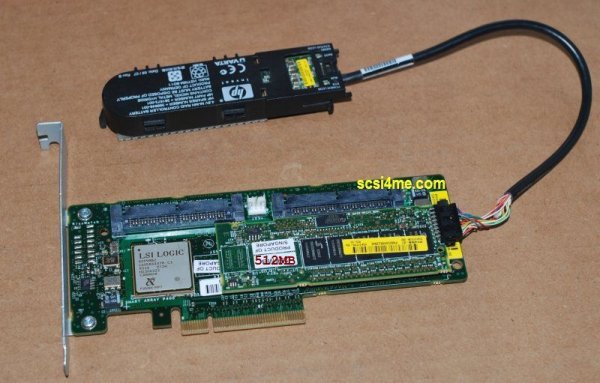 HP 441823-001 Smart Array P400 PCI-Express SAS RAID Controller w/512MB Cache & BBU. Connectors in Front.